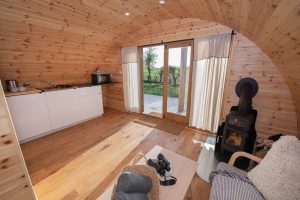 Shelter Pod interior kitchenette with appliances, North Yorkshire glamping accommodation