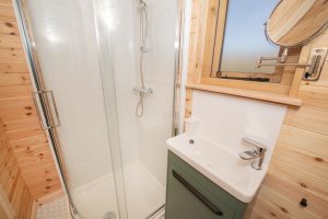 Shelter Pod en-suite bathroom with shower, North Yorkshire glamping pod